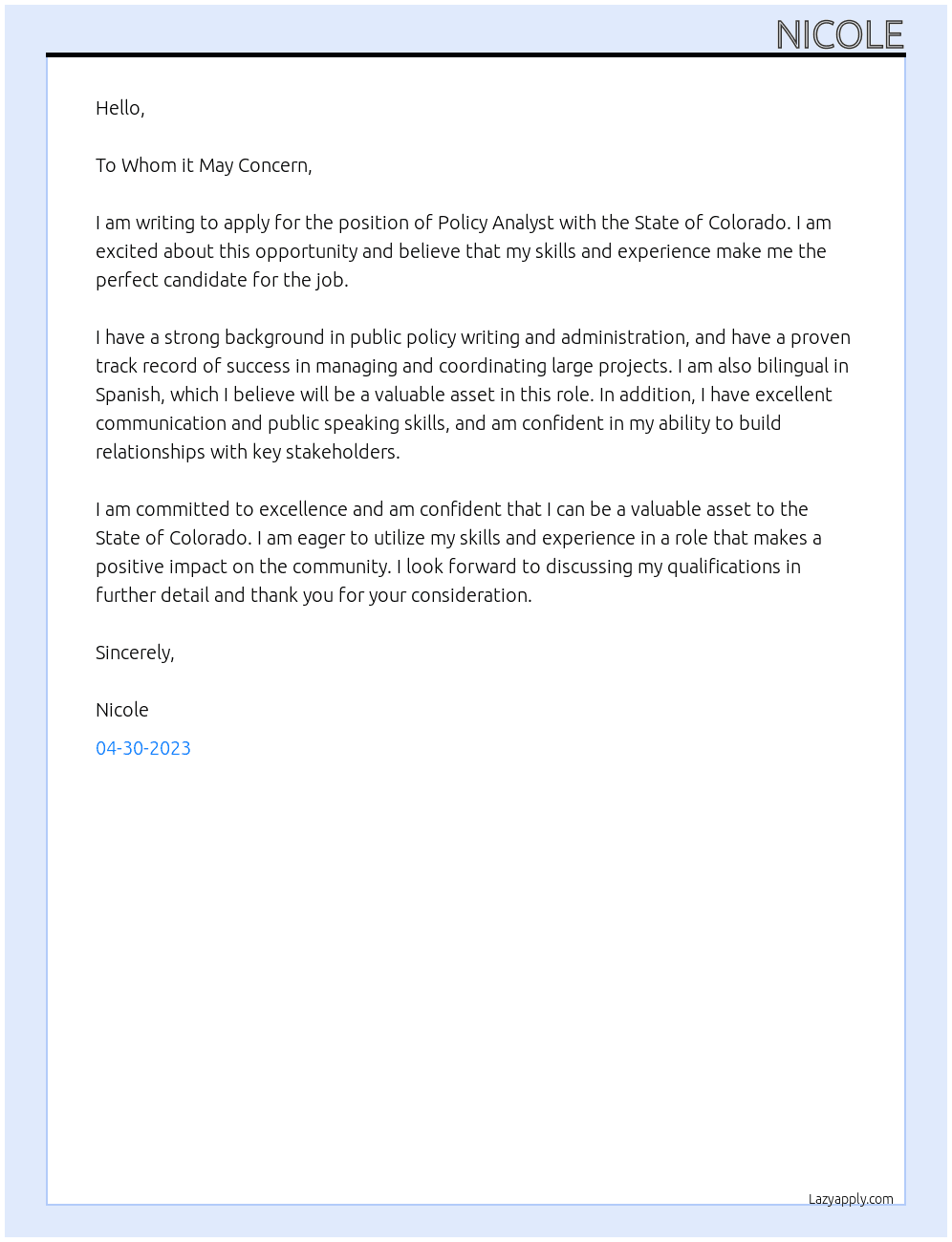 Policy Analyst At State of Colorado Cover Letter