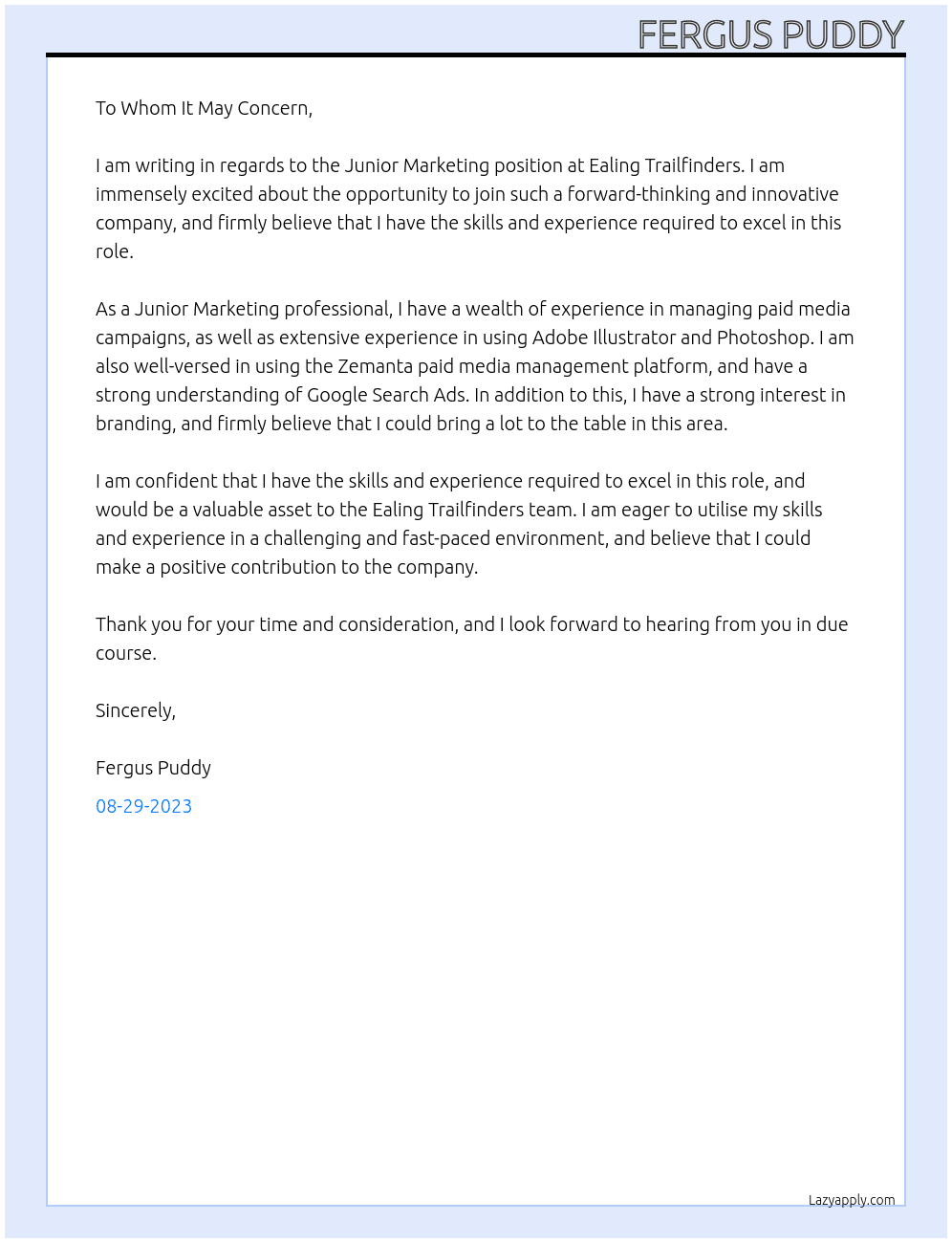 Junior Marketing  At Ealing Trailfinders  Cover Letter