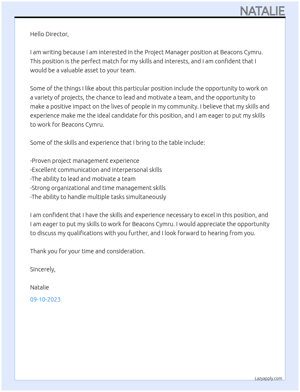 Project Manager At Beacons Cymru Cover Letter