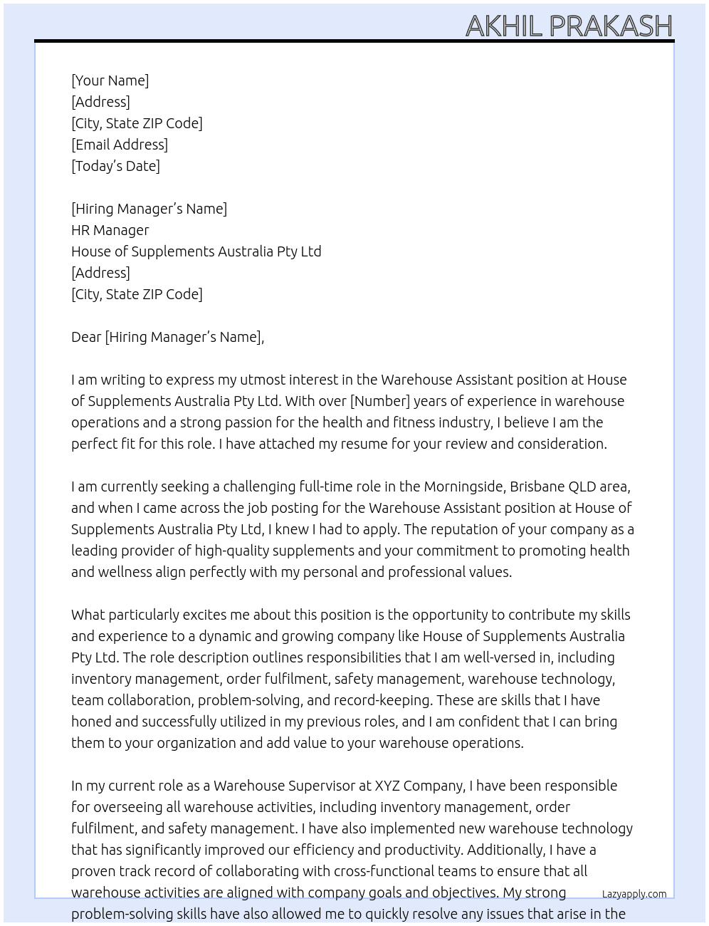 Warehouse Assistant  At House of Supplements Australia Pty Ltd Cover Letter