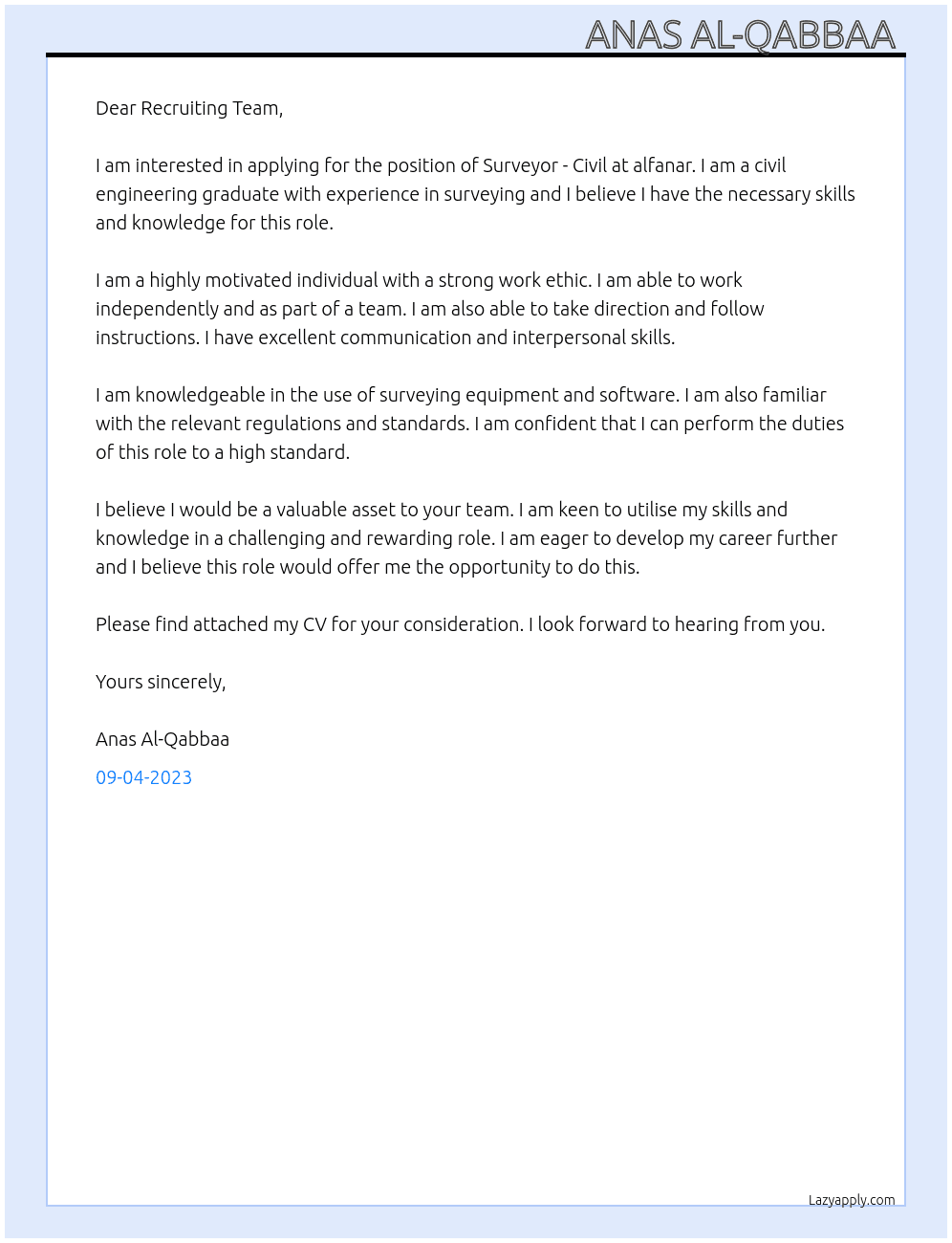 SURVEYOR - CIVIL At alfanar Cover Letter