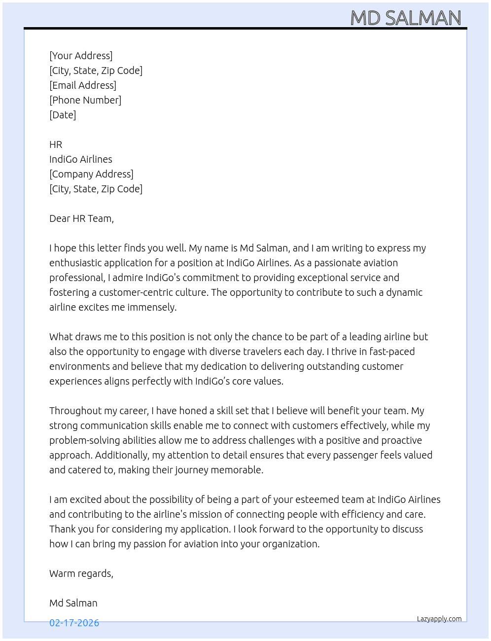 Cover letter for air lines - LazyApply