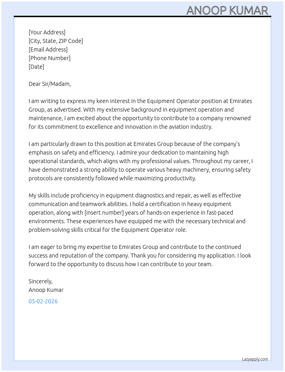 Equipment Operator At Emirates group Cover Letter