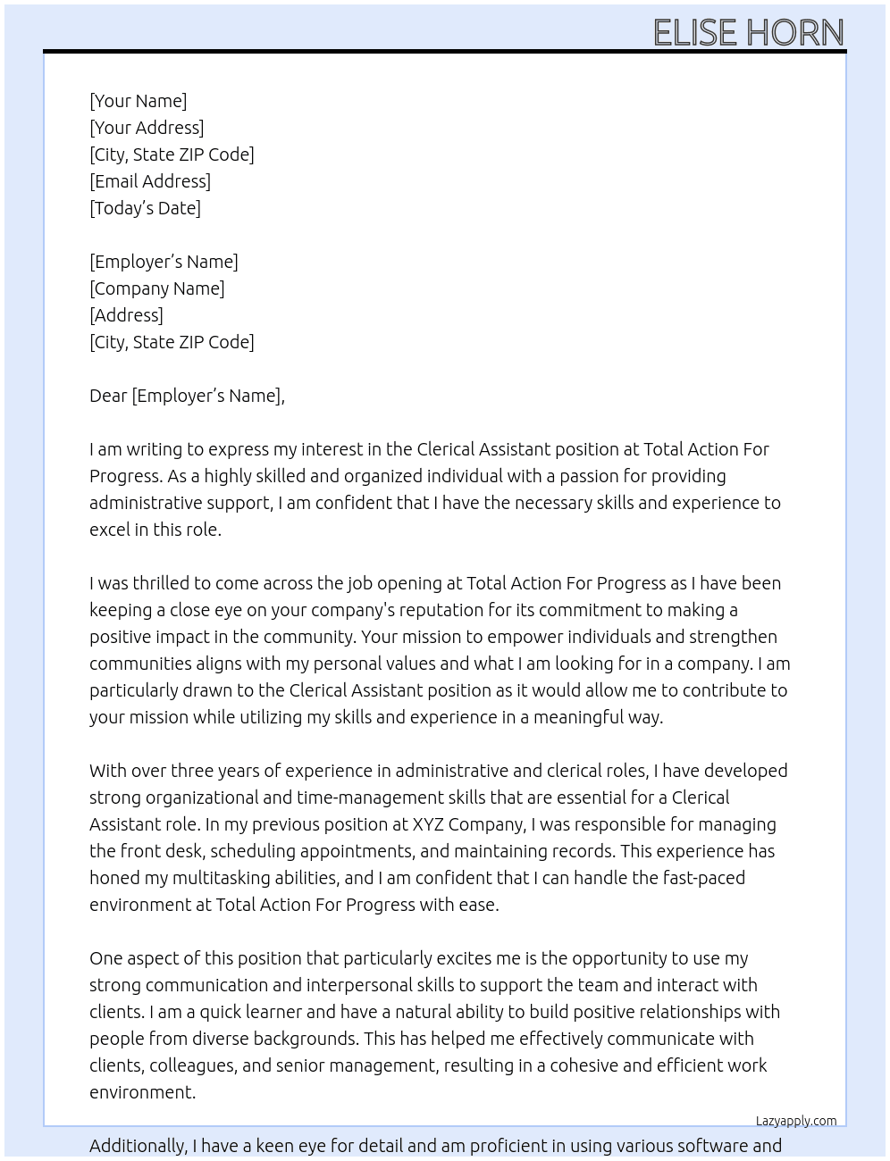 Clerical Assistant At Total Action For Progress  Cover Letter