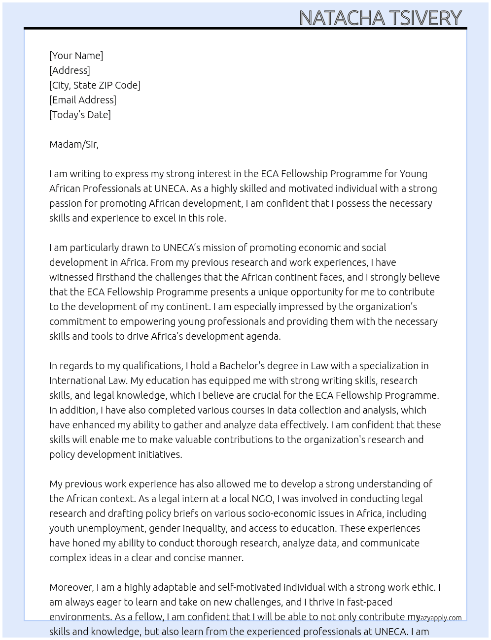 ECA Fellowship Programme for Young African Professionals At UNECA  Cover Letter