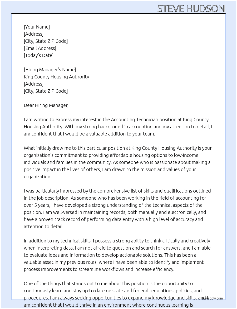 Accounting Technician At King County Housing Authority Cover Letter