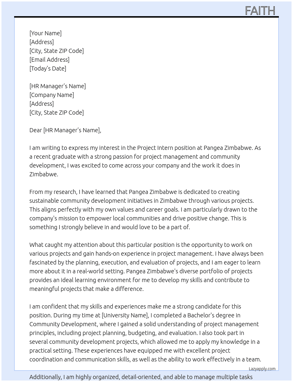 Project intern At Pangea Zimbabwe  Cover Letter