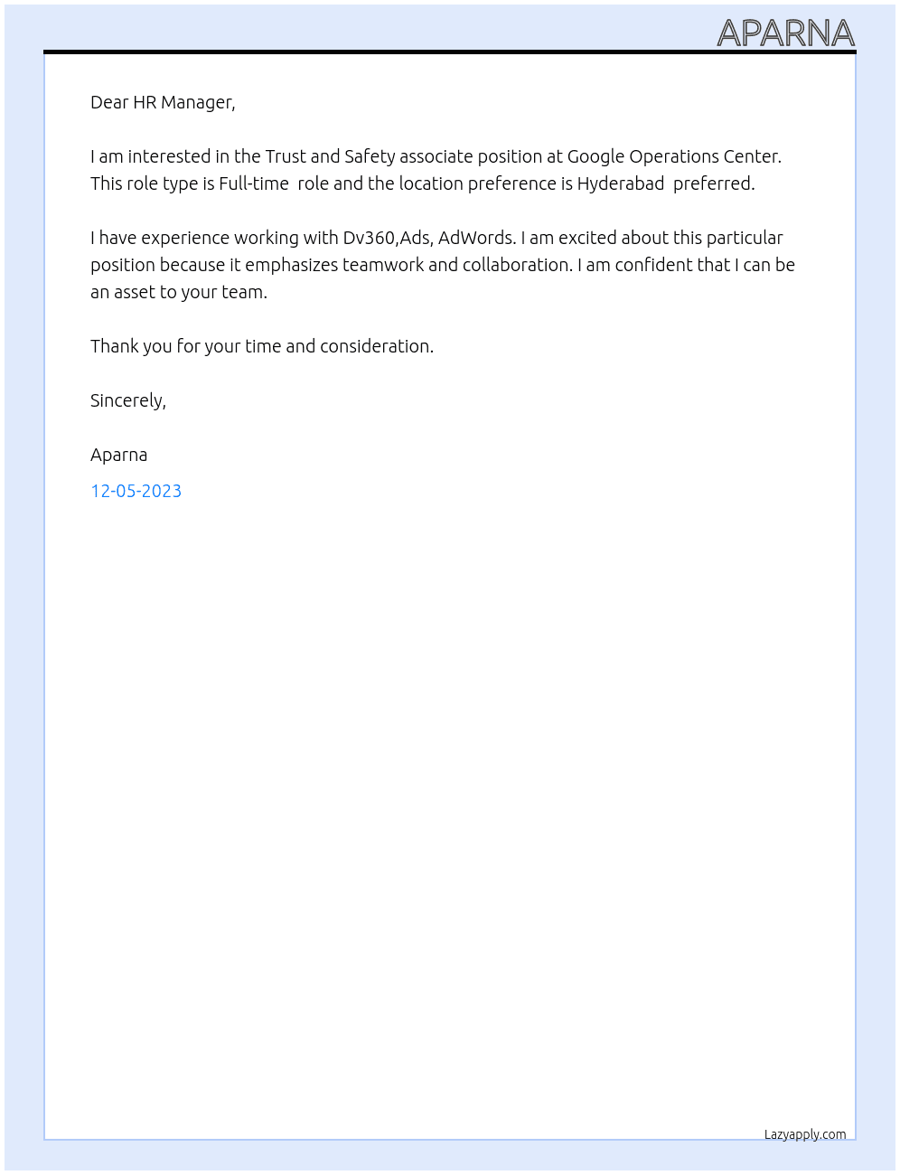 Trust and Safety associate  At Google Operations Center  Cover Letter