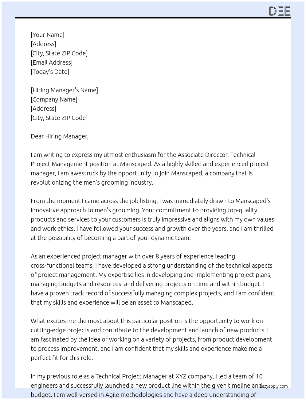 Associate Director, Technical Project Management At Manscaped Cover Letter