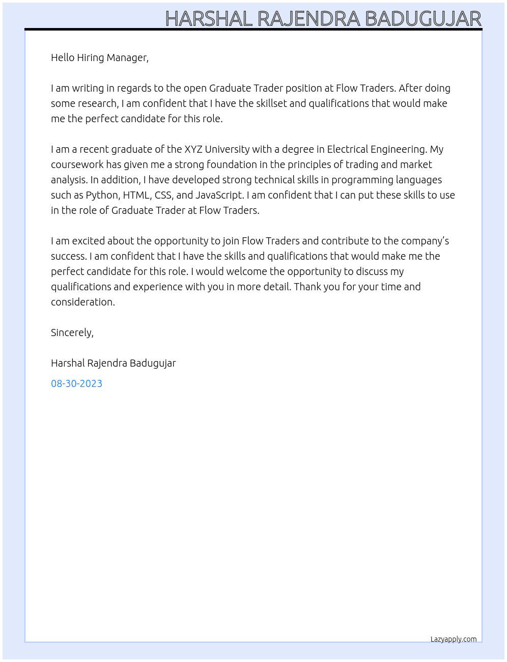 Graduate Trader At Flow Treaders Cover Letter