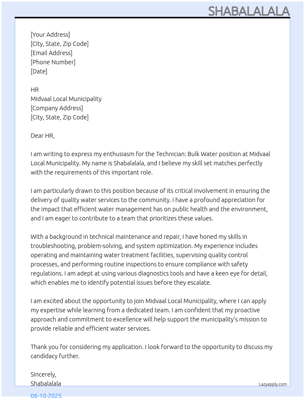 Technician: Bulk Water At midvaal local municipality Cover Letter