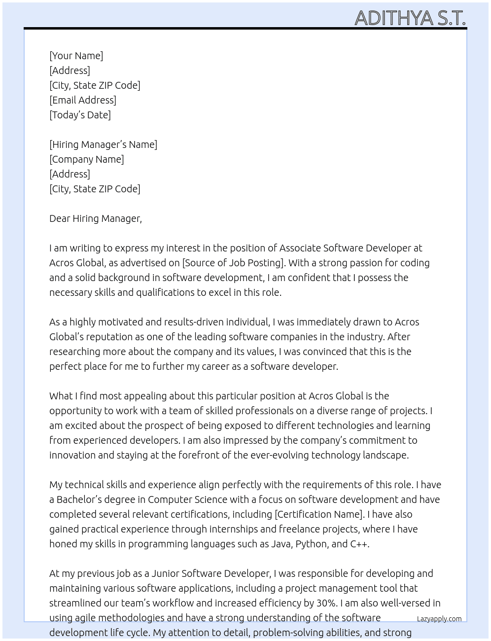 Associate Software Developer At Acros Global Cover Letter