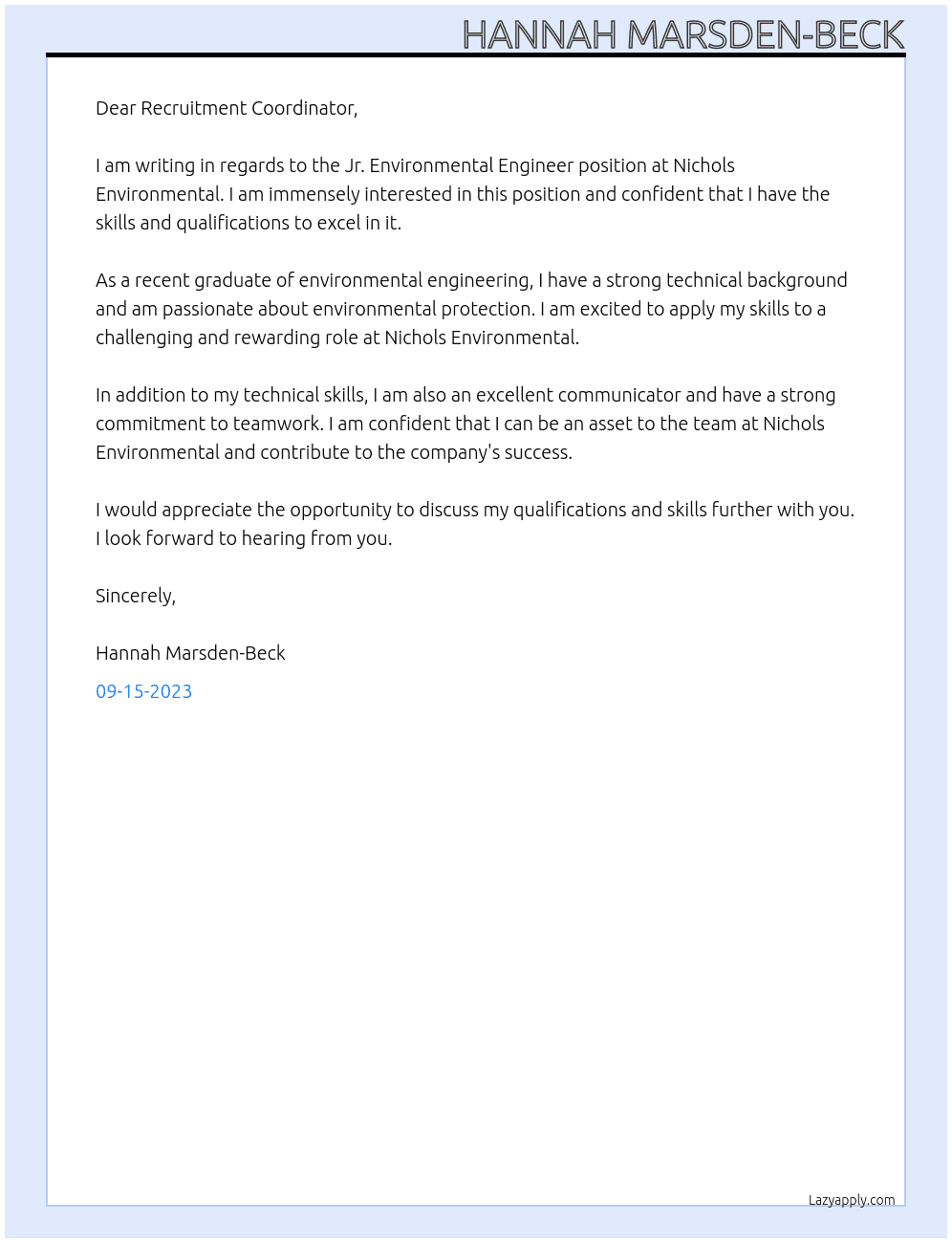 Jr. Environmental Engineer At Nichols Environmental Cover Letter