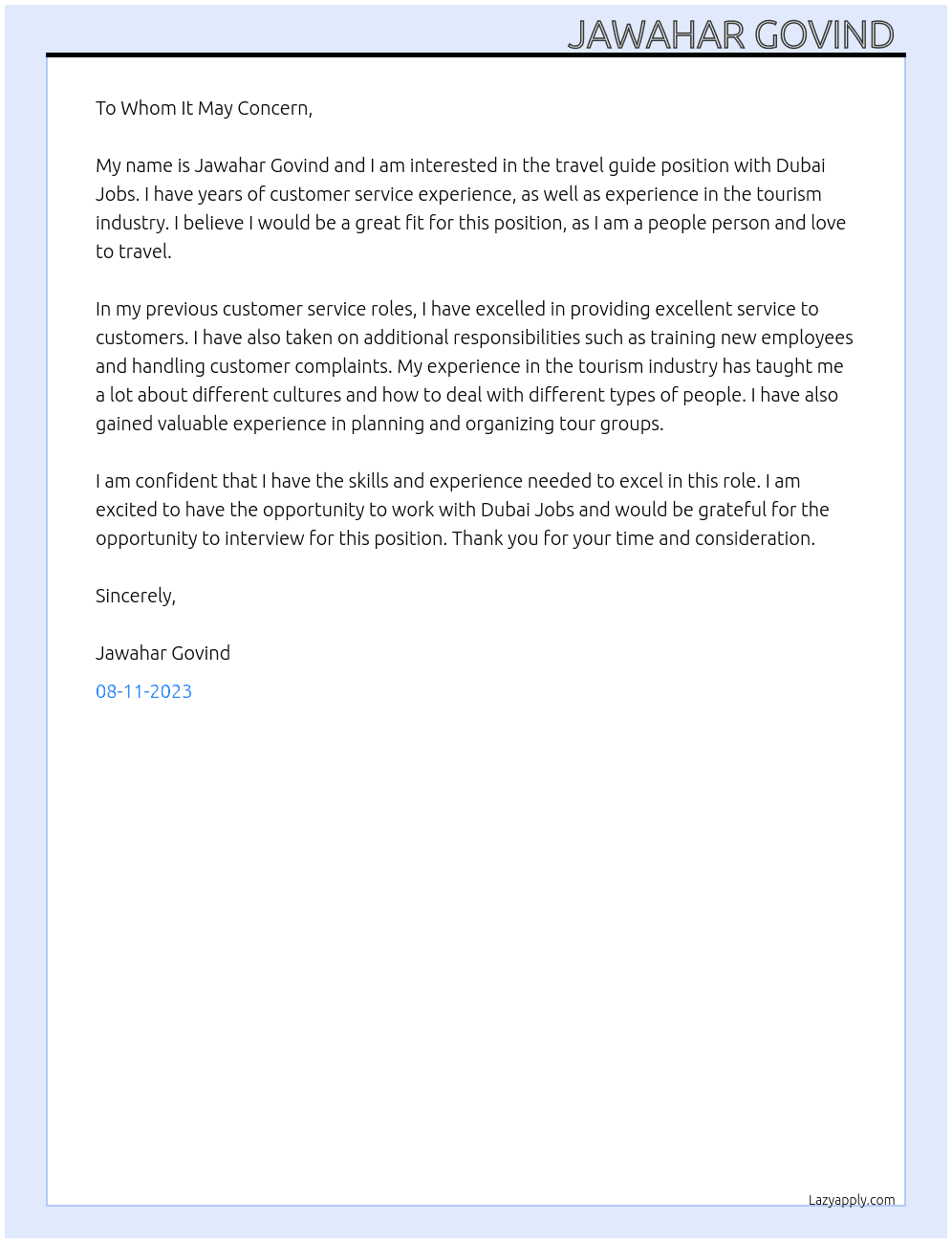 Travel guide. At Dubai Jobs Cover Letter