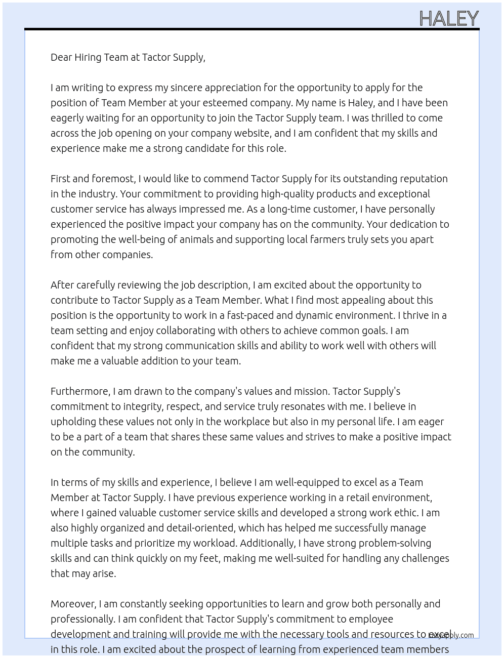 Team Member At Tactor Supply Cover Letter
