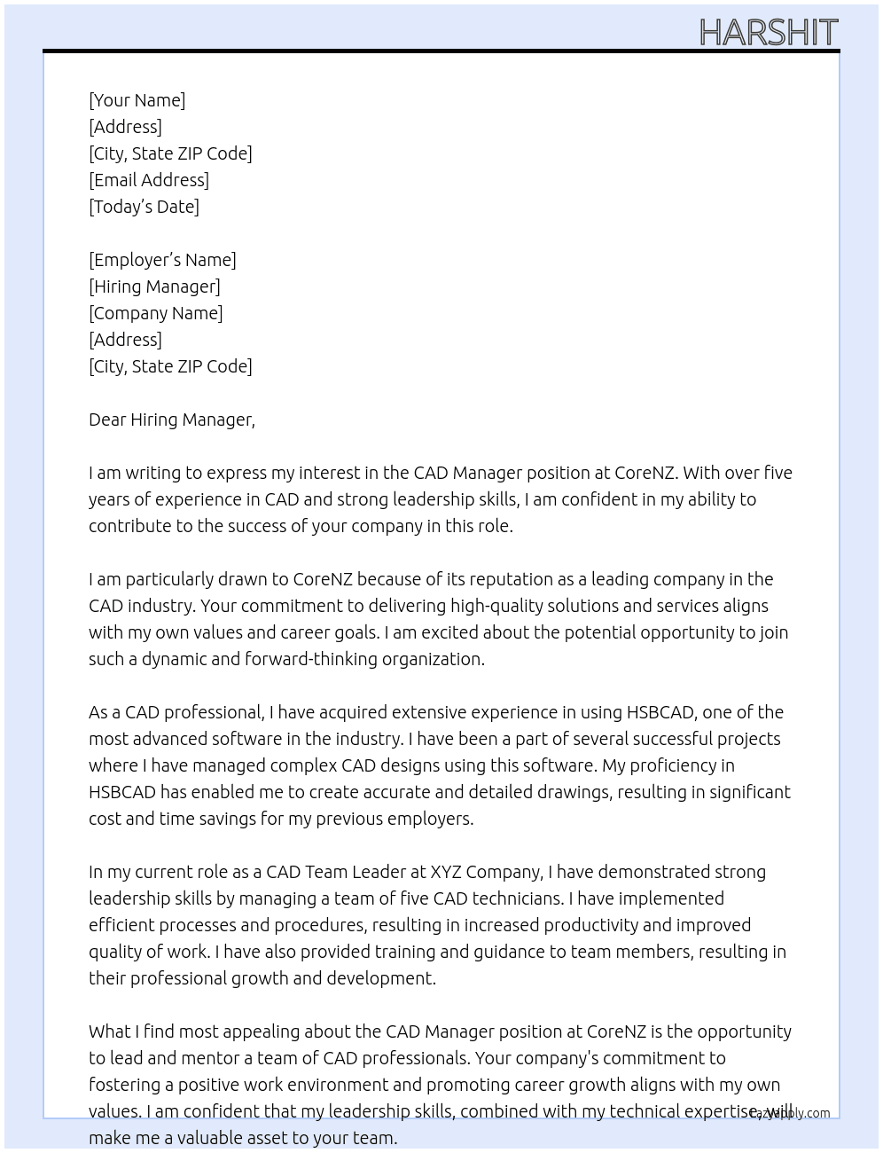 CAD Manager At CoreNZ Cover Letter