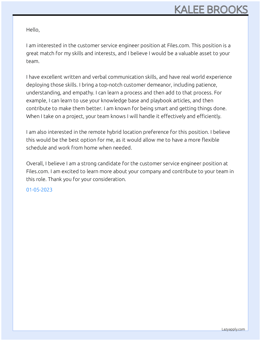 Customer Service Engineer At Files.com Cover Letter