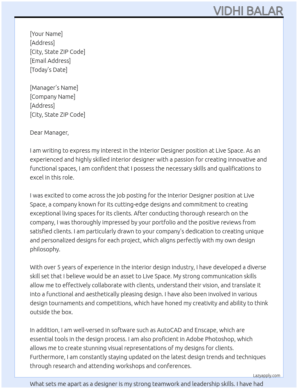 Interior designers  At Live space Cover Letter