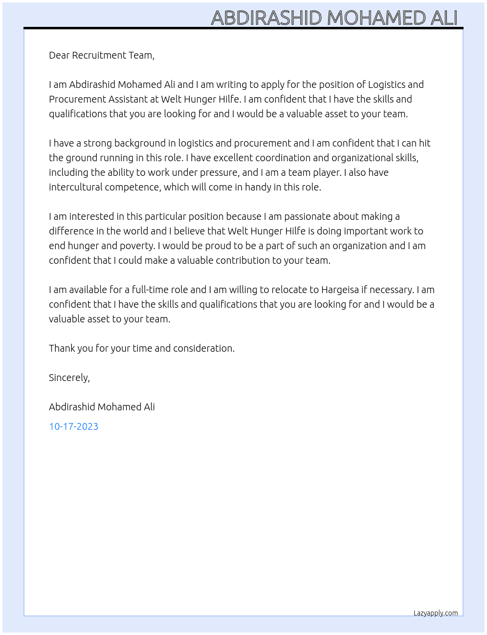 Logistics and procurement assistant  At Welt Hunger Hilfe Cover Letter