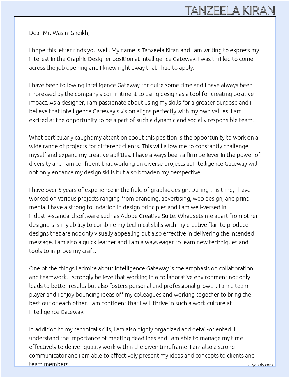 GRAPHIC DESIGNER At INTELLIGENCE GATEWAY Cover Letter