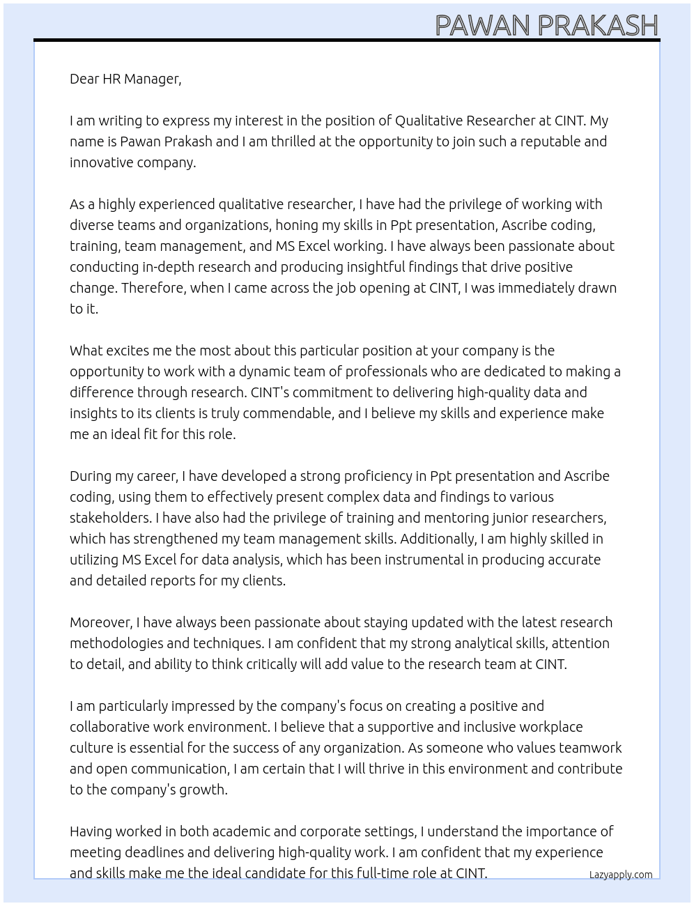 Qualitative researcher At CINT Cover Letter