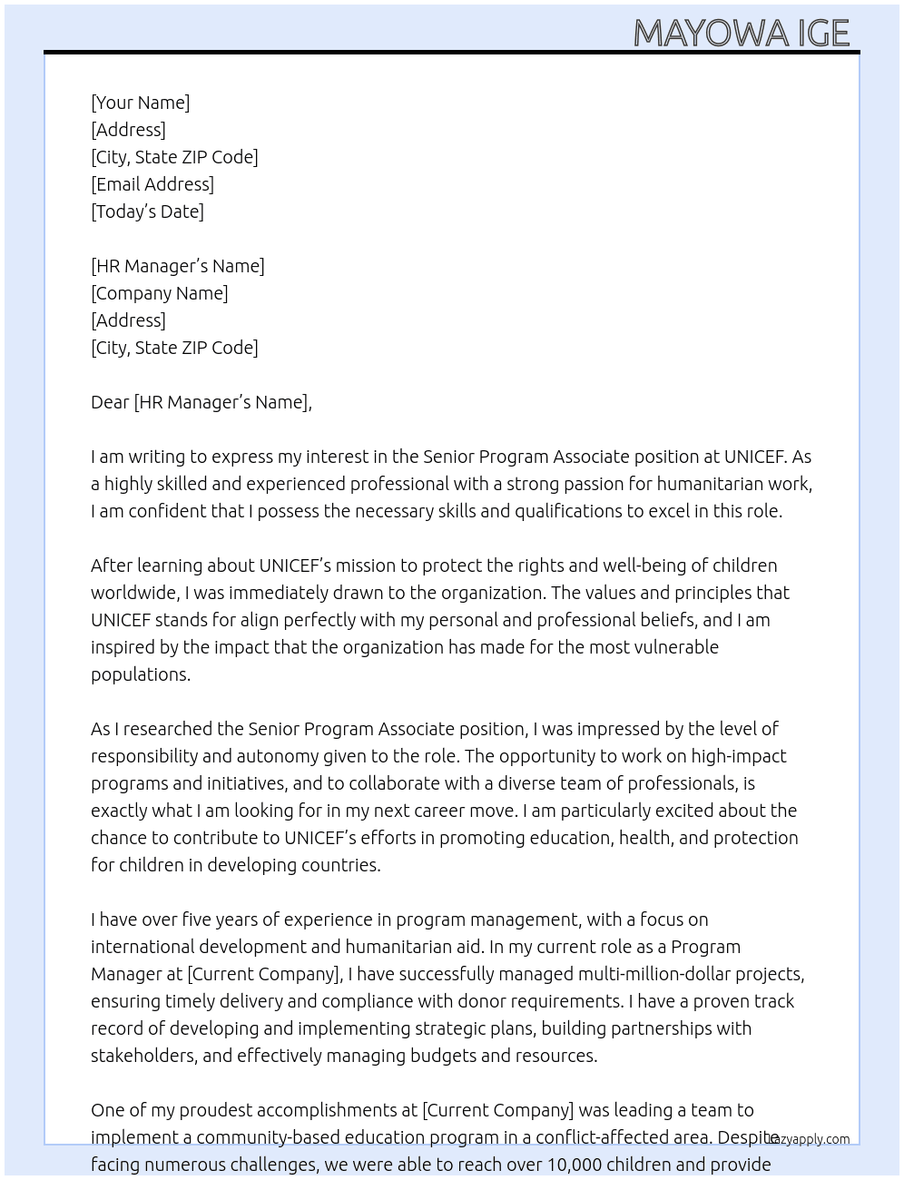Senior program associate  At Unicef Cover Letter