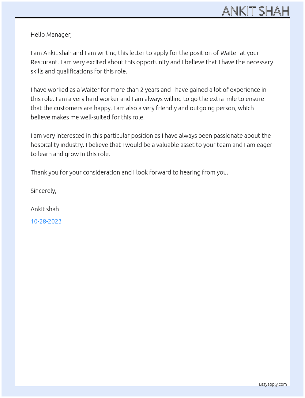 Waiter  At Resturant  Cover Letter