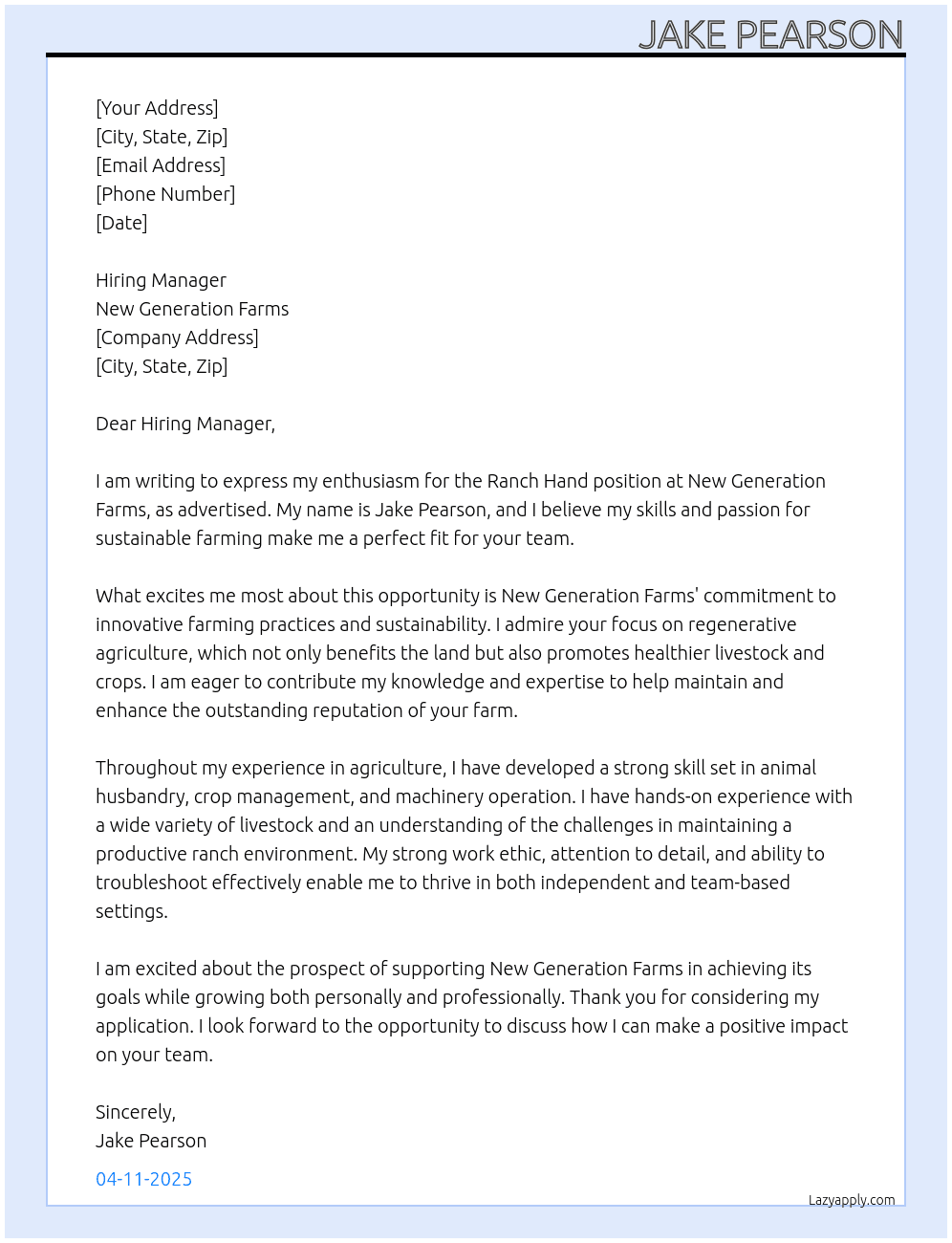 Cover letter for ranch hand - LazyApply