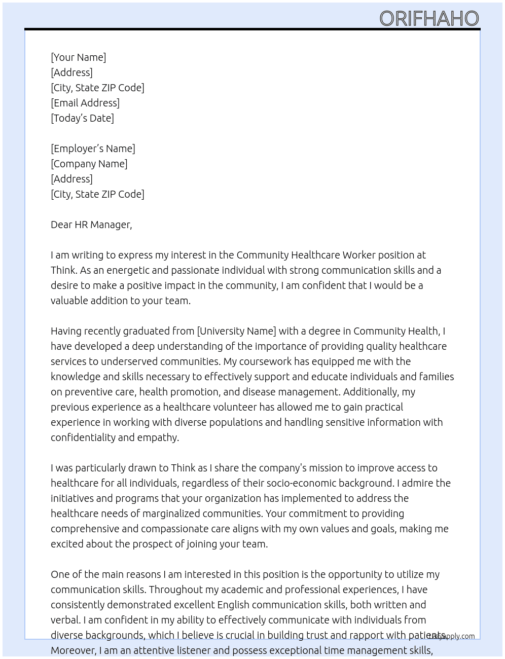 Community healthcare worker At Think Cover Letter