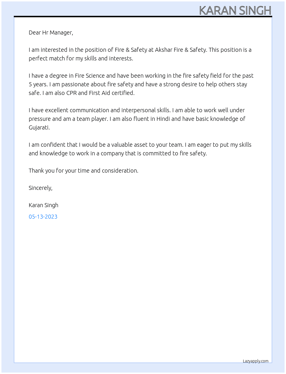 Fire & Safety At Akshar Fire & Safety Cover Letter