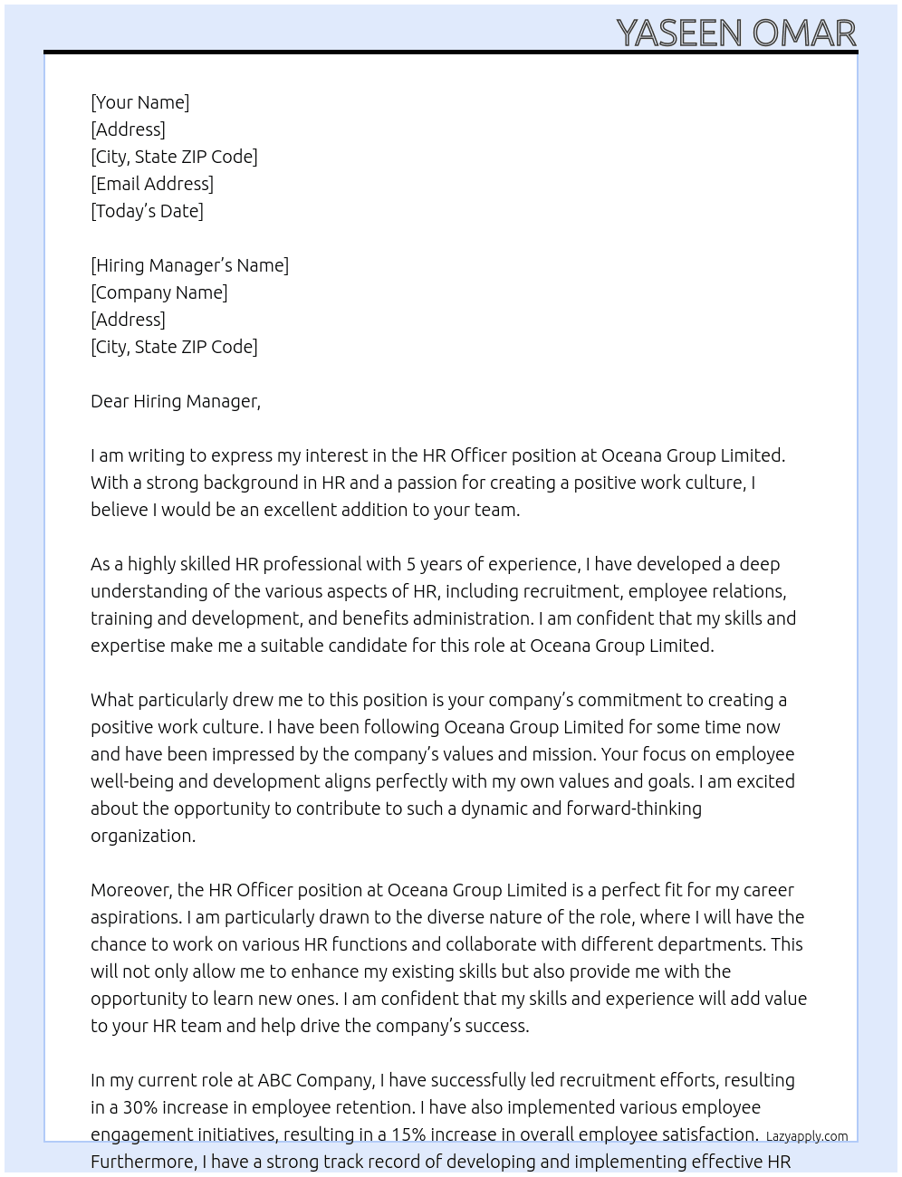 HR Officer At Oceana Group Limited Cover Letter