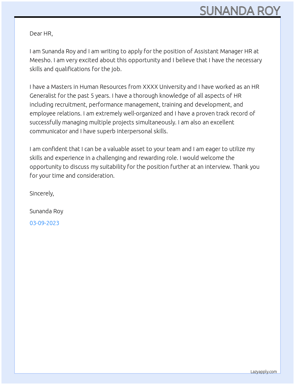 Assistant manager HR At Meesho Cover Letter