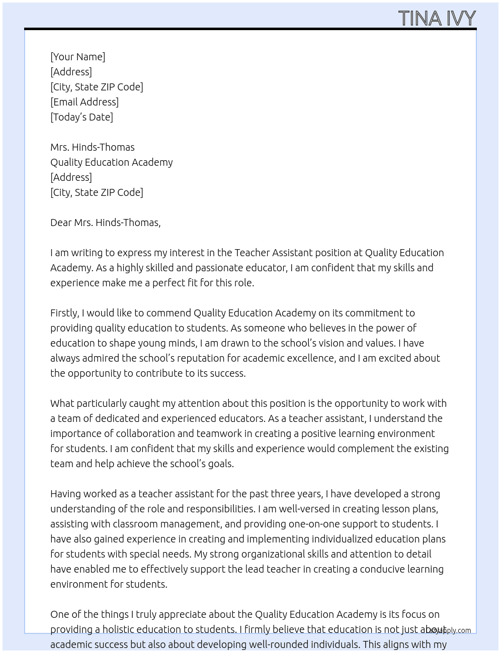 Teacher assistant At Quality Education Academy  Cover Letter