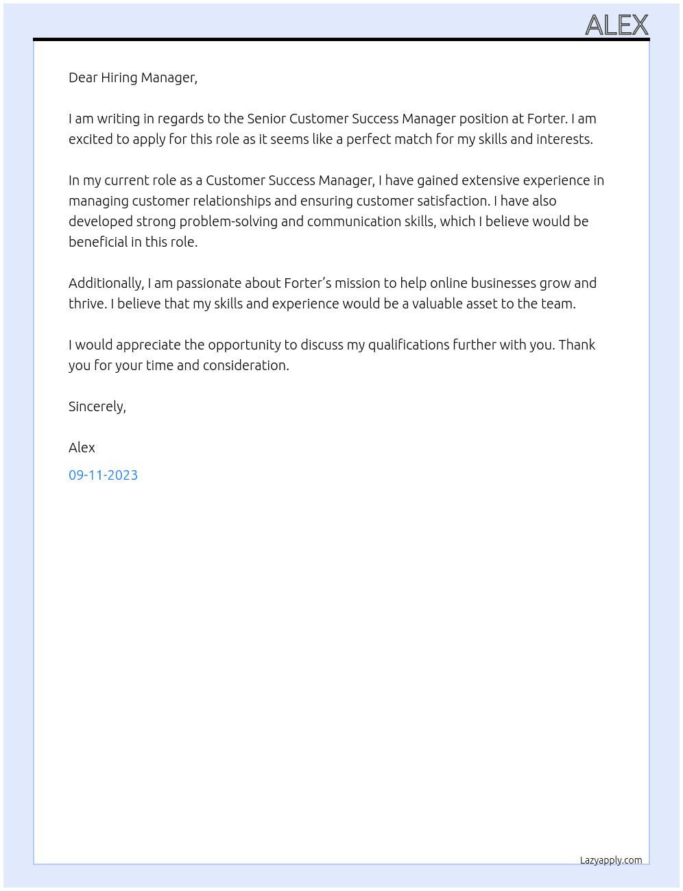 Senior Customer Success Manager  At Forter Cover Letter