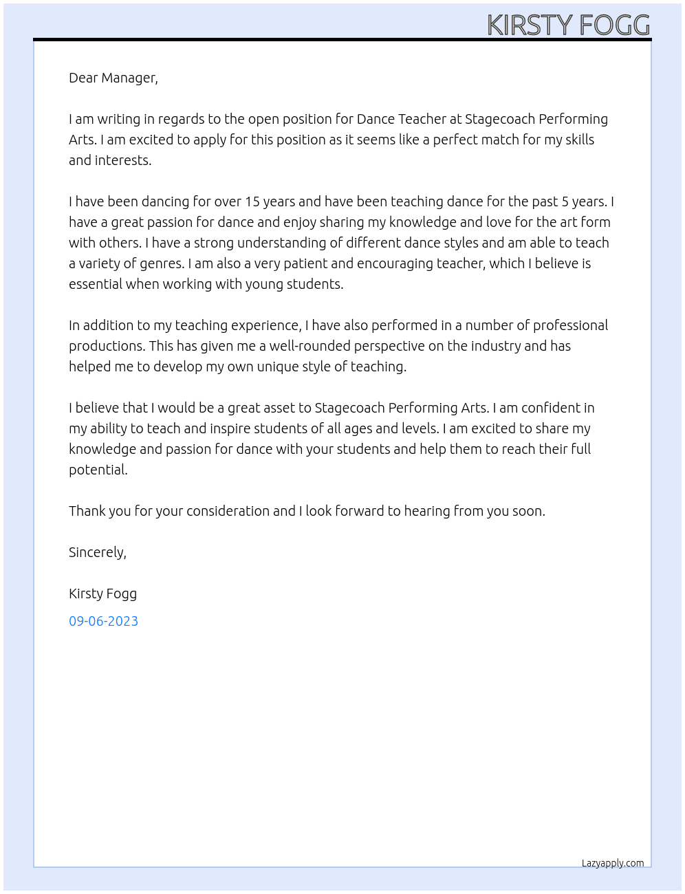 Dance Teacher  At Stagecoach performing arts  Cover Letter