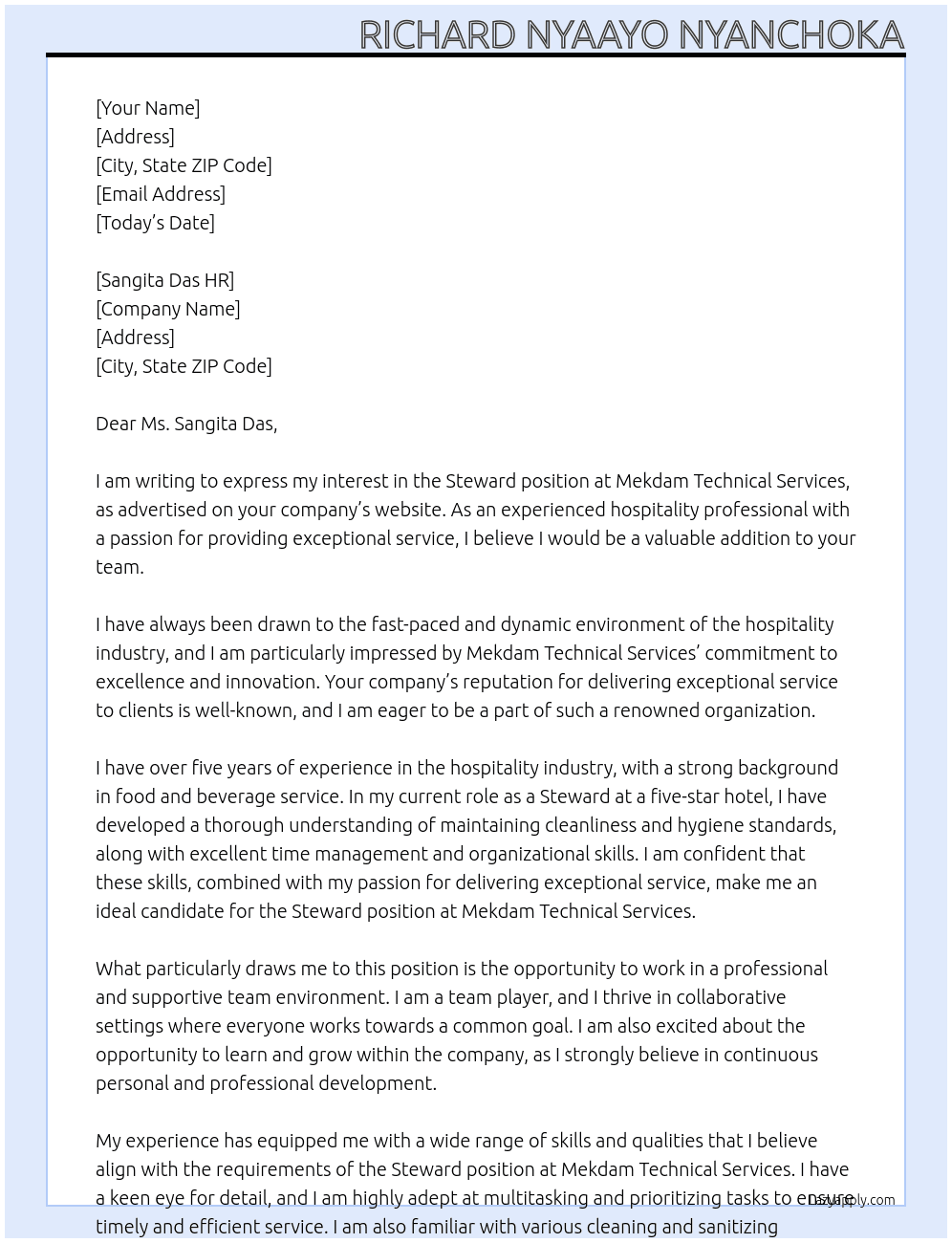 Steeward At Mekdam Technical Services  Cover Letter