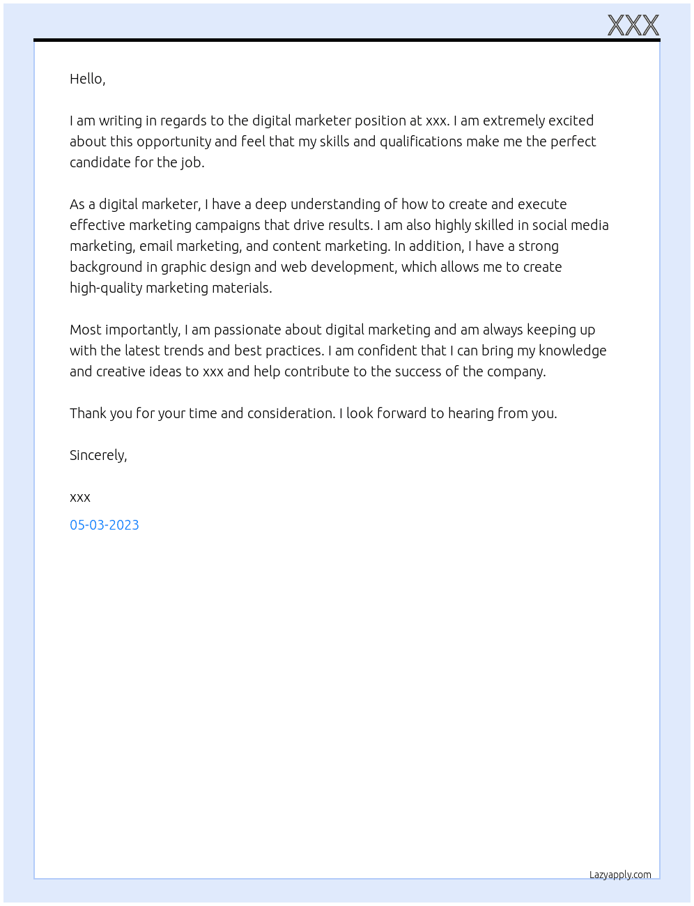Digital marketer  At xxx Cover Letter