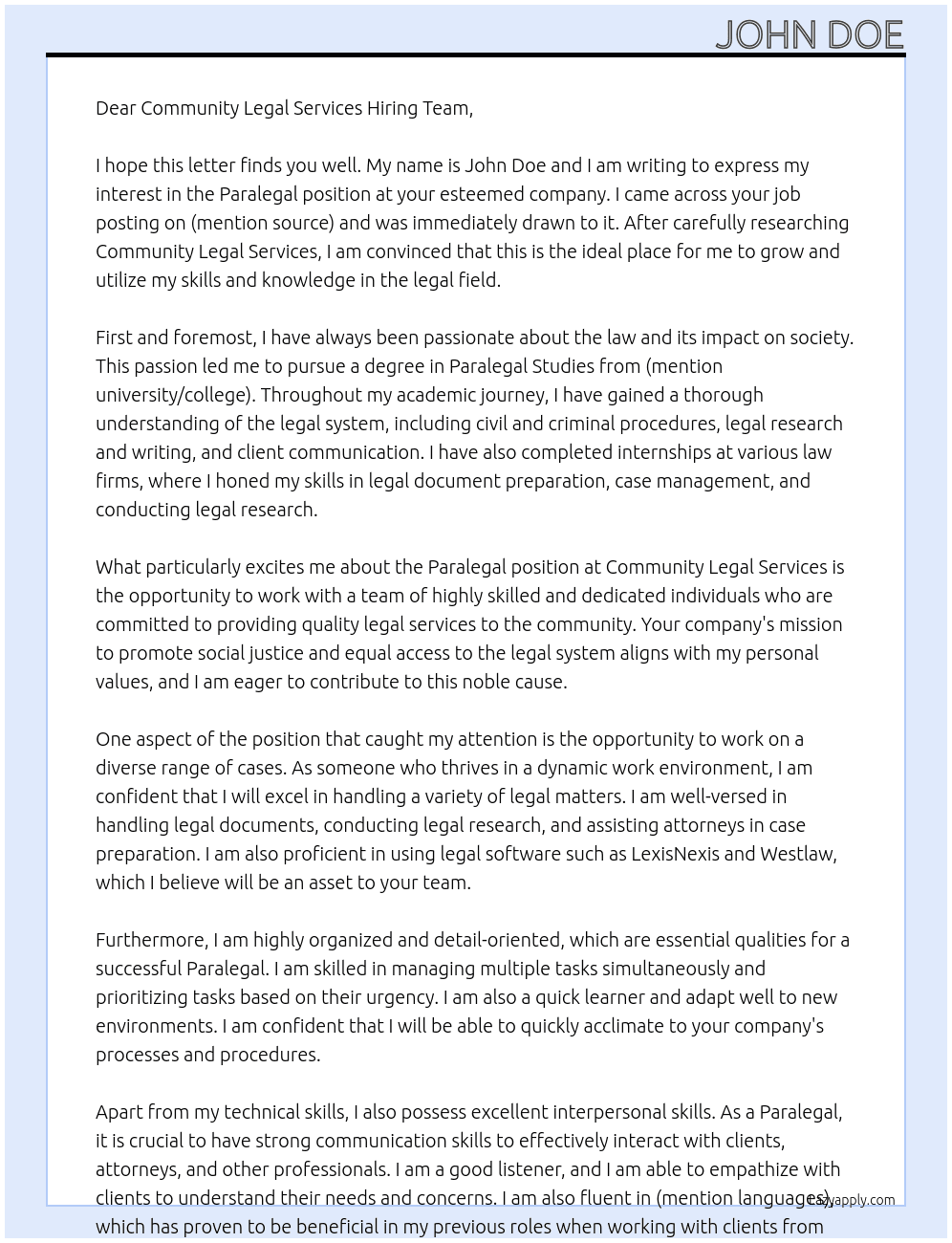 Paralegal At Community Legal Services Cover Letter