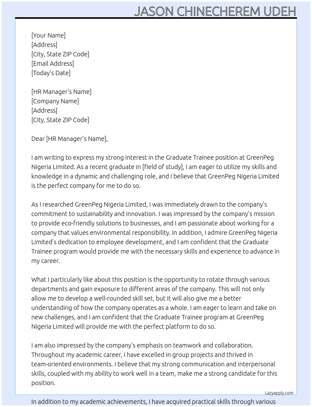 Graduate Trainee At GreenPeg Nigeria Limited Cover Letter