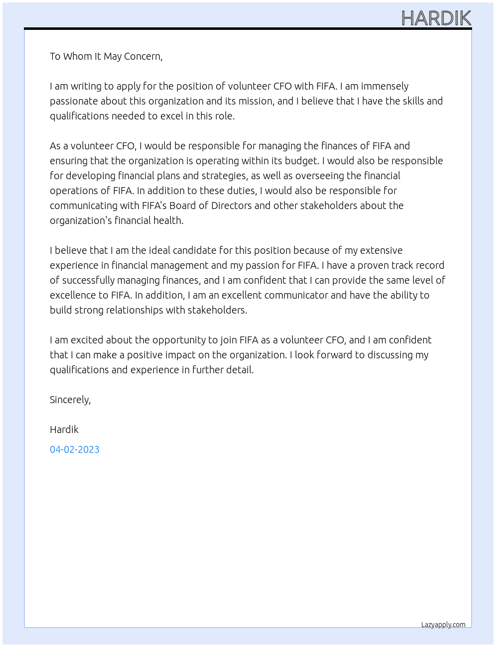 volunteer At FIFA Cover Letter