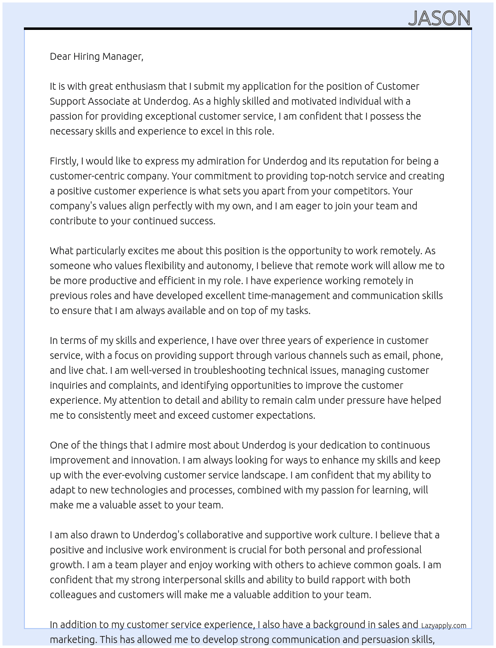 Customer Support Associate At Underdog Cover Letter