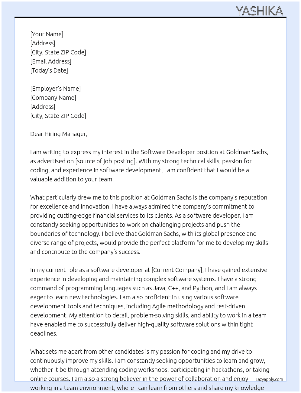 software devloper At Goldman Sachs Cover Letter