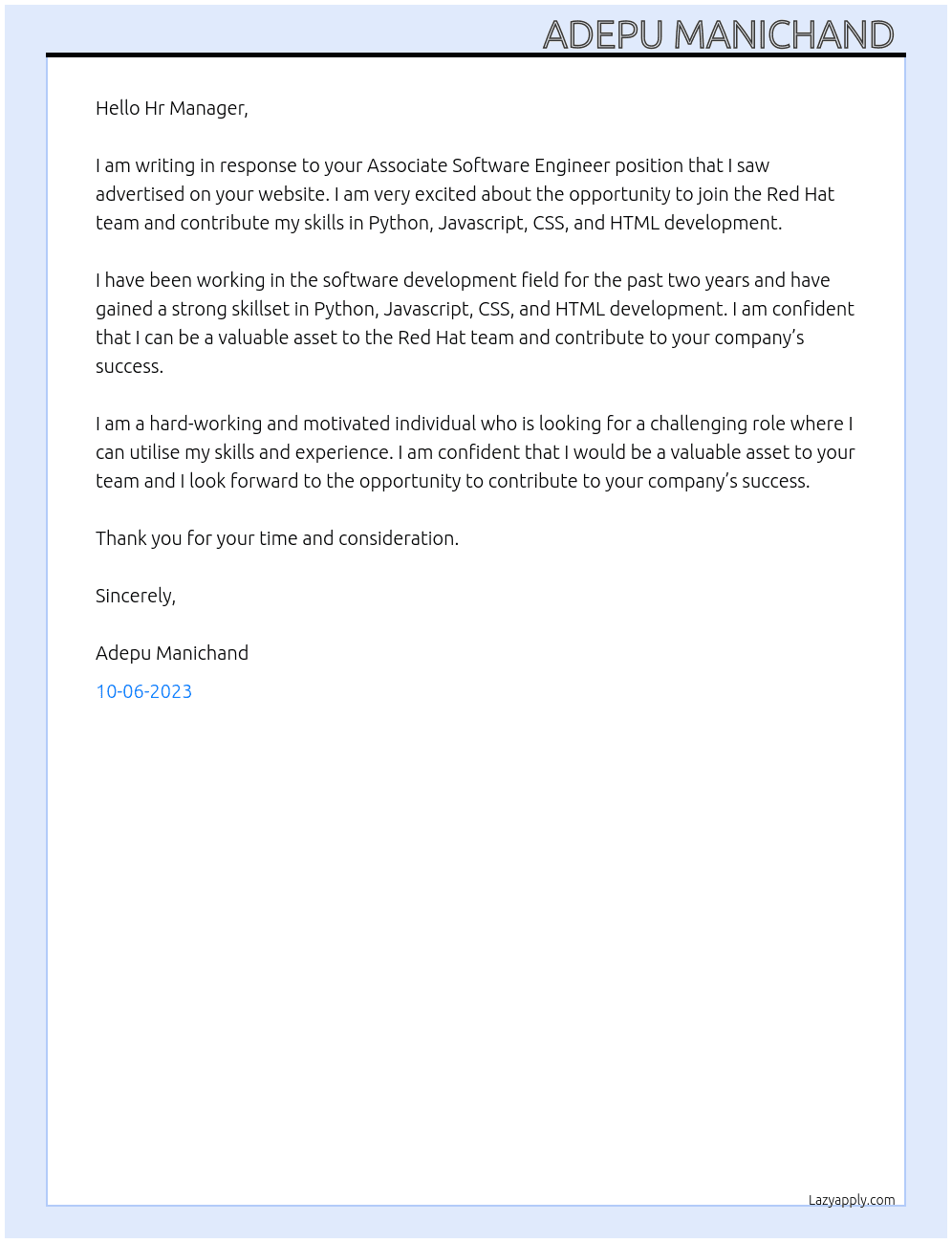 Associate Software Engineer  At Red Hat Cover Letter