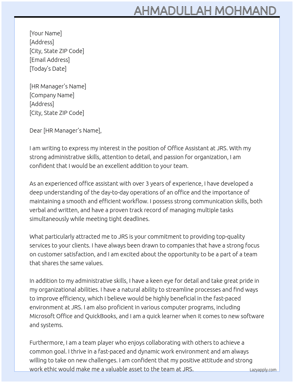 Office Assistant  At JRS Cover Letter