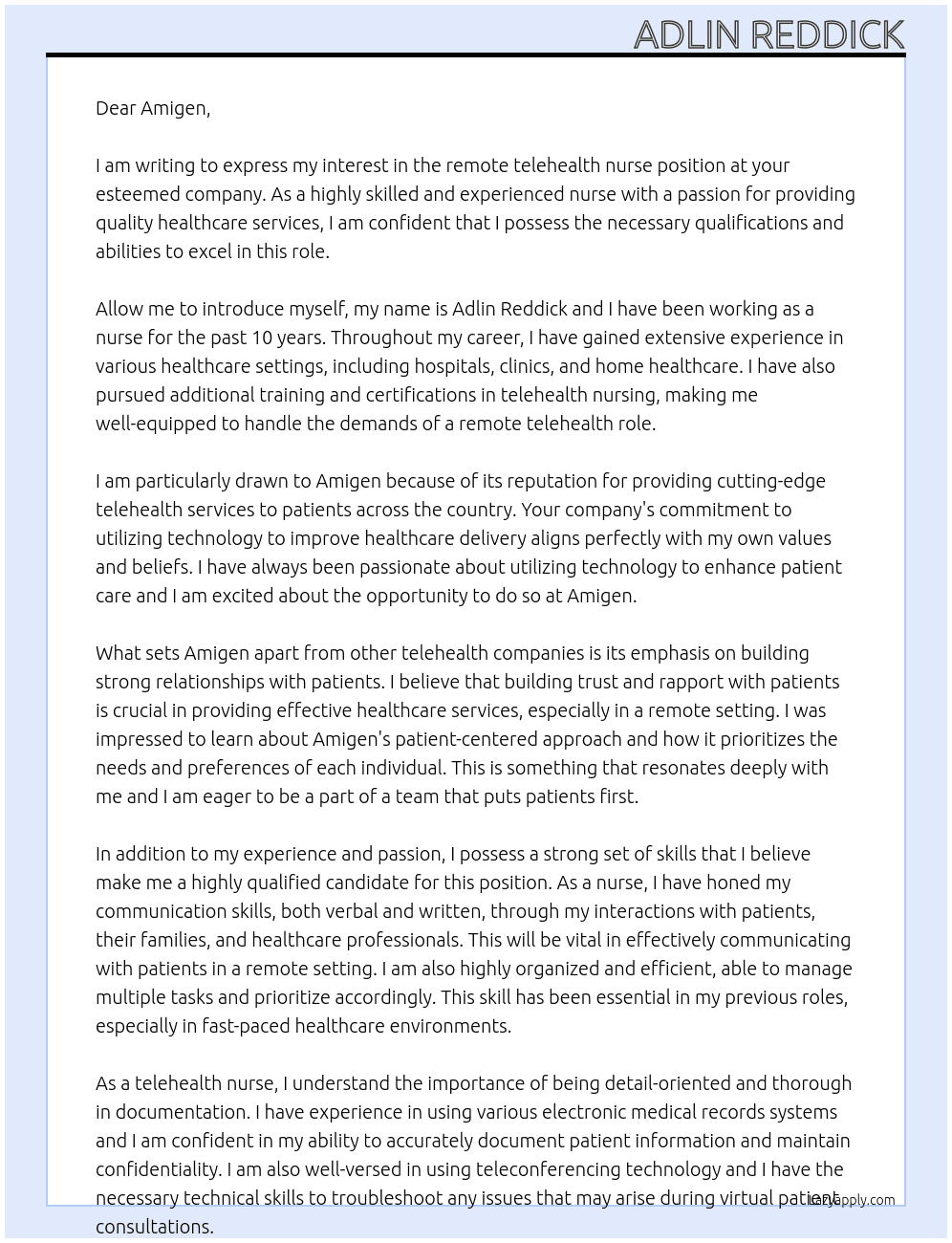 remote telehealth nurse At Amigen Cover Letter