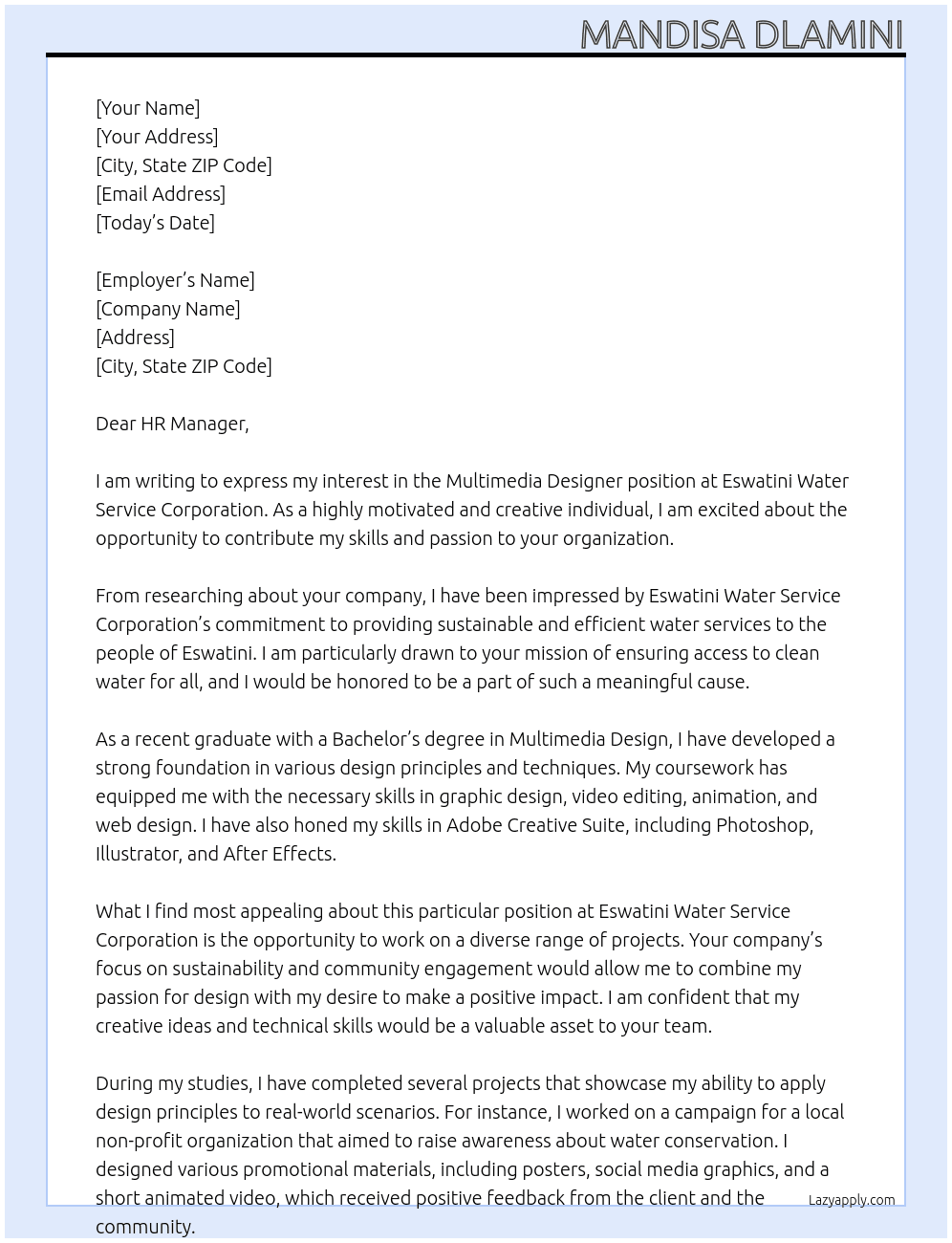 Multimedia designer  At Eswatini Water Service Corporation  Cover Letter