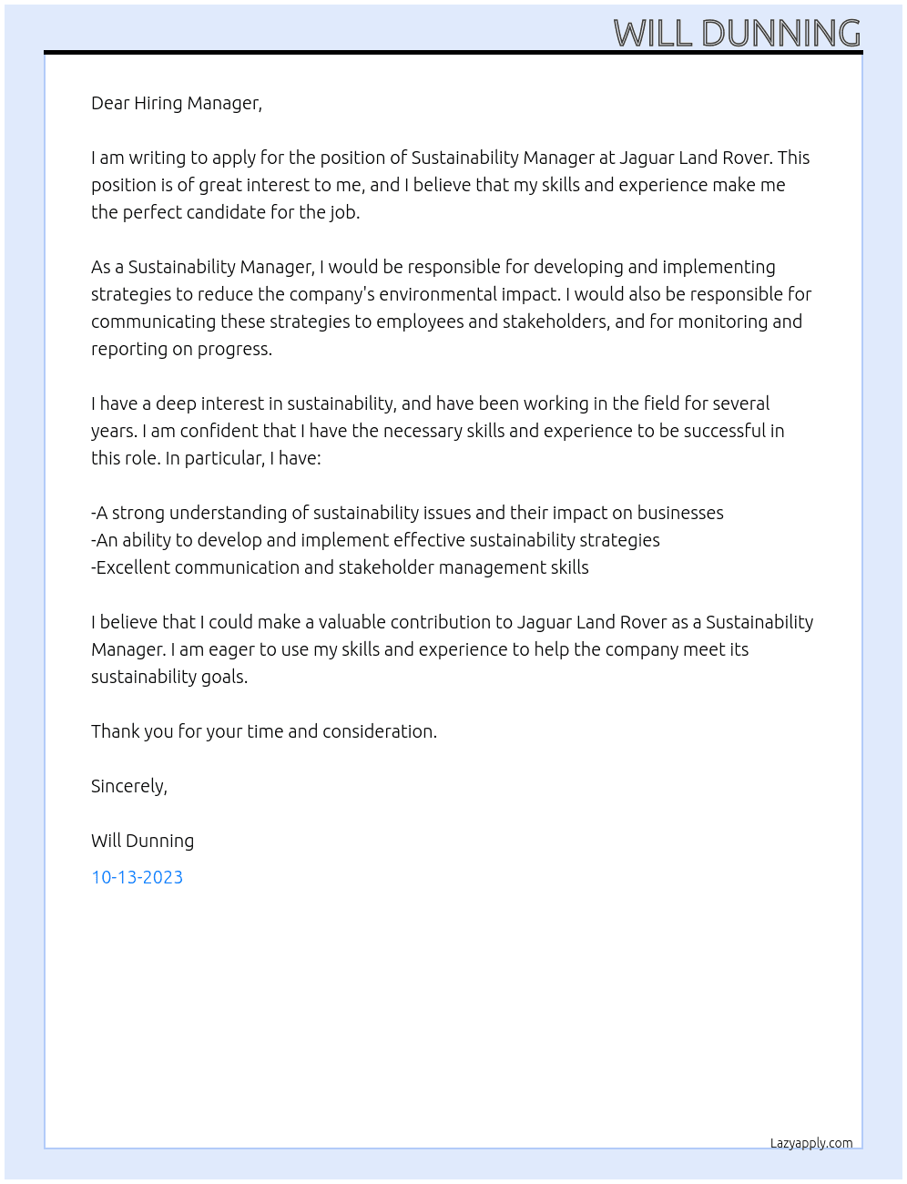 Sustainability Manager At Jaguar Land Rover Cover Letter