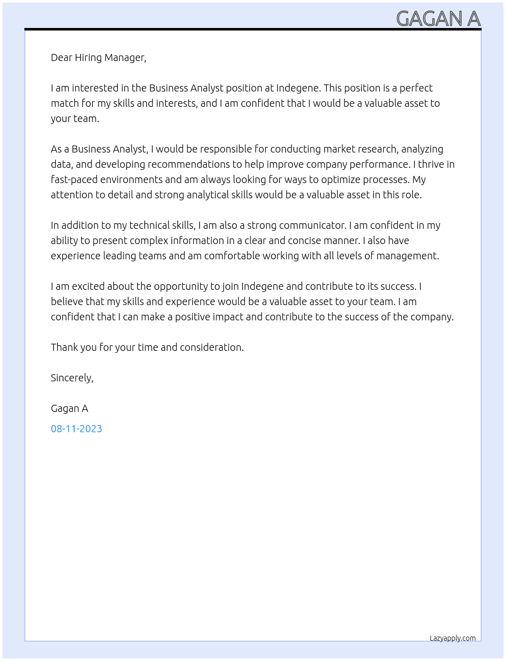 Business Analyst At Indegene Cover Letter