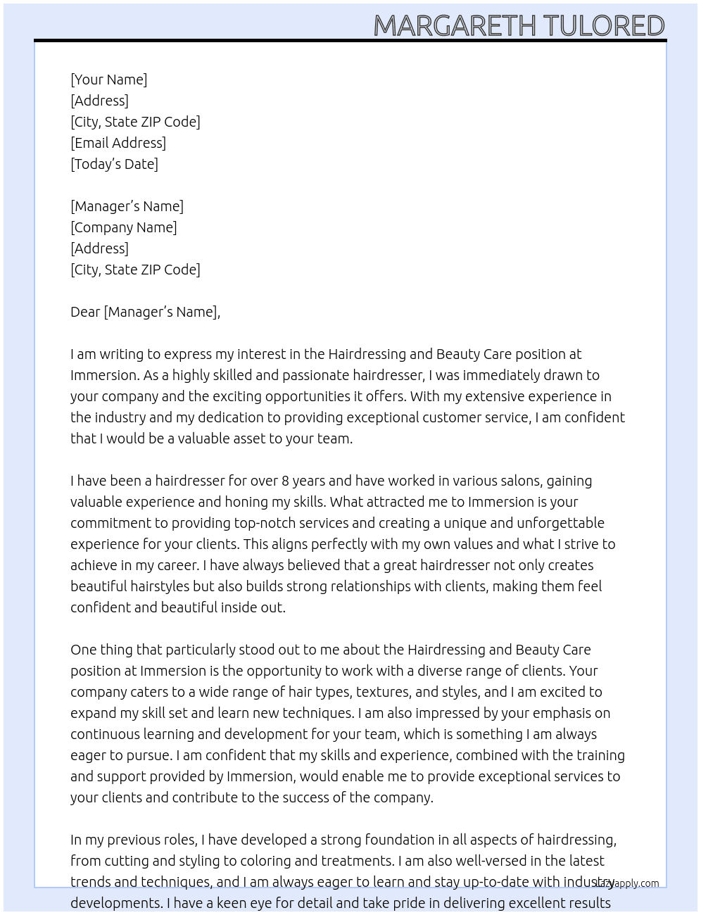 Hairdressing wnd beauty care At Immersion Cover Letter