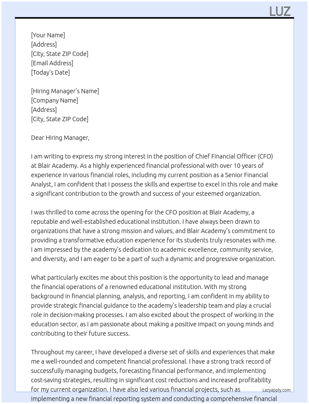CFO At Blair Academy Cover Letter